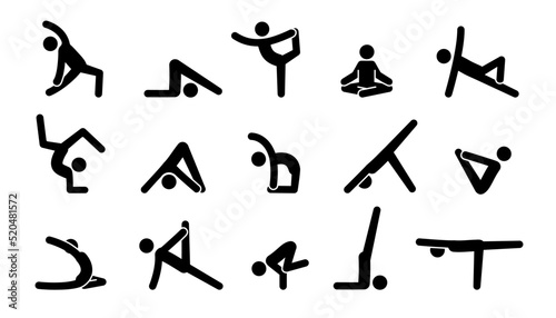 Yoga pictogram icon people. Yoga pose, meditate practice, sport exercise pictogram man set. Health, meditate symbol. Vector illustration.
