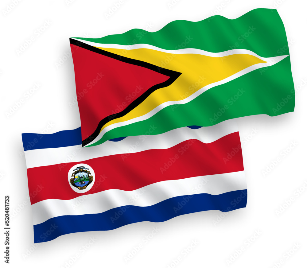National vector fabric wave flags of Republic of Costa Rica and Co-operative Republic of Guyana isolated on white background. 1 to 2 proportion. National vector fabric wave flags of Republic of Costa Rica and Co-operative Republic of Guyana isolated on white background. 1 to 2 proportion.