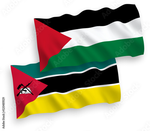 National vector fabric wave flags of Republic of Mozambique and Palestine isolated on white background. 1 to 2 proportion.