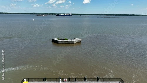 Ship load of containers on water. Inventory shipment logic method. Aerial in New Castle Delware USA. photo