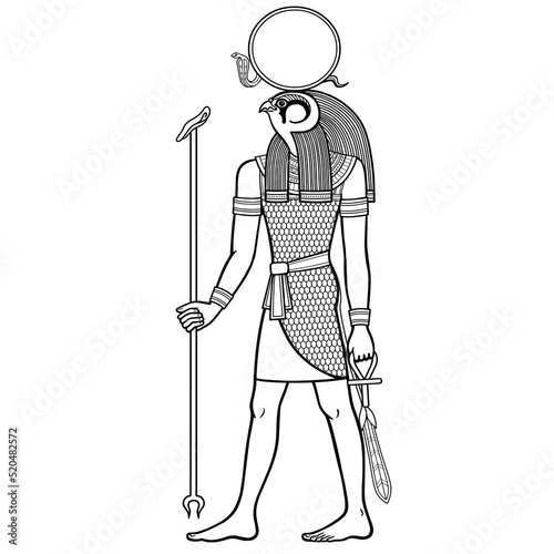 Animation portrait: Ancient Egyptian god Ra holds a staff and anch cross. Supreme Sun God. Full growth. View profile. Vector illustration isolated on a white background.
