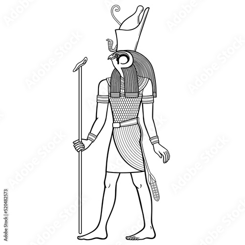 Animation portrait: Ancient Egyptian god Horus in the crown of Egypt. God of heaven and sun in guise of Falcon. Full growth. View profile. Vector illustration isolated on a white background.