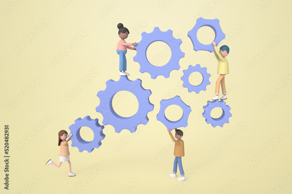 3D illustration of Employee team create mechanism with cogs, manager 3D illustration of Employee team create mechanism with cogs, manager