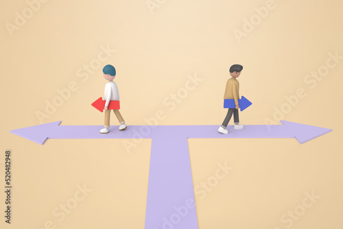 3D illustration of Two men go their separate ways, following the arrows