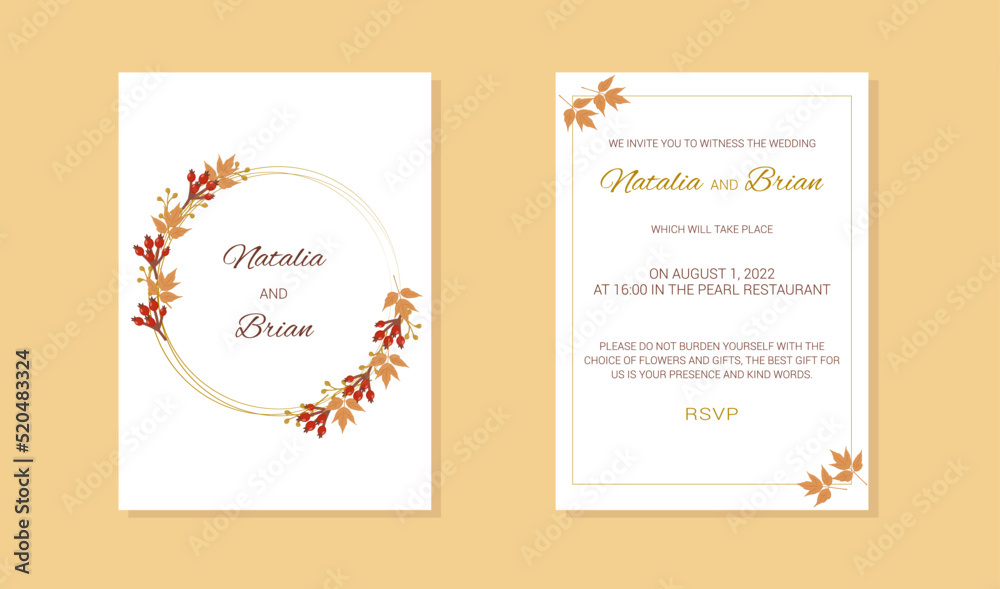 wedding invitation with a frame of autumn leaves and rosehip berries