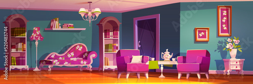 Living room interior in cute princess style, elegant pink furniture with floral pattern, vintage couch, bookcase, coffee table with teapot, flowers. Feminine classic design Cartoon vector illustration