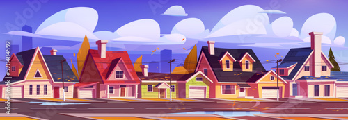 Suburban street with cottage houses at autumn day. Residential suburb, countryside district with puddles on road, fallen leaves on building roofs. Home facades with garages Cartoon vector illustration