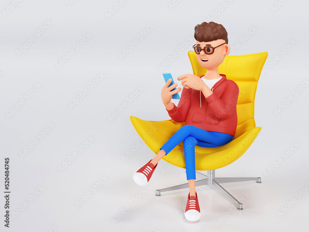 Cartoon character man sitting on a chair with a phone in his hands. 3d illustration. Cartoon character man sitting on a chair with a phone in his hands. 3d illustration.