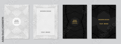Cover set, vertical templates. Collection of relief backgrounds with 3D pattern, geometric ethnic texture of stripes and lines. Tribal heritage of the East, Asia, India, Mexico, Aztecs, Peru.
