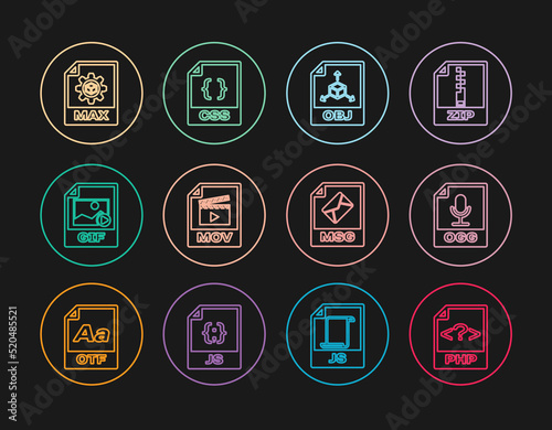 Set line PHP file document, OGG, OBJ, MOV, GIF, MAX, MSG and CSS icon. Vector