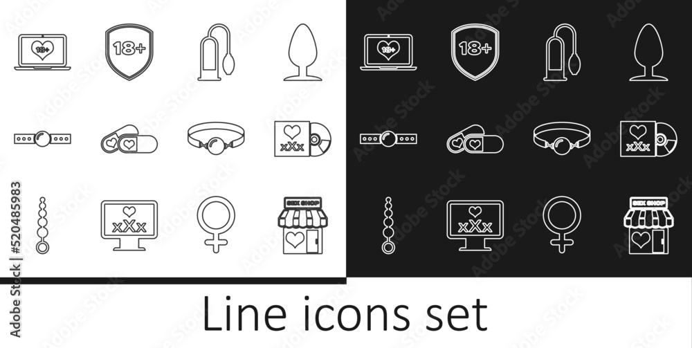 Set line Sex shop building, Disc with inscription, Penis pump, Pills for potency, Silicone ball gag, Laptop 18 plus content, and Shield icon. Vector