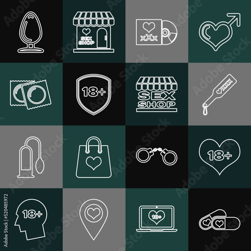 Set line Pills for potency, 18 plus content heart, Spanking paddle, Disc with inscription Sex, Shield, Condoms package, Anal plug and shop building icon. Vector