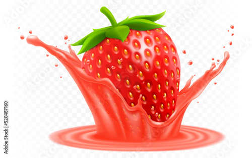 Red fresh strawberry in a splash of juice or yogurt. Fresh berry falls into the juice. 3d realistic vector illustration, isolated on white background. Sweet food. Organic fruit.