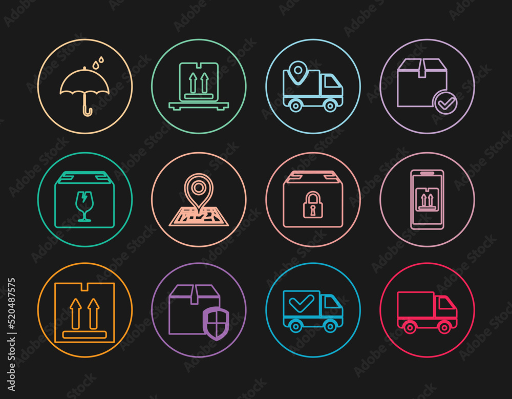 Set line Delivery cargo truck vehicle, Mobile with app tracking, Placeholder on map, box fragile content, Umbrella and rain drops, Locked package and Cardboard boxes pallet icon. Vector Set line Delivery cargo truck vehicle, Mobile with app tracking, Placeholder on map, box fragile content, Umbrella and rain drops, Locked package and Cardboard boxes pallet icon. Vector