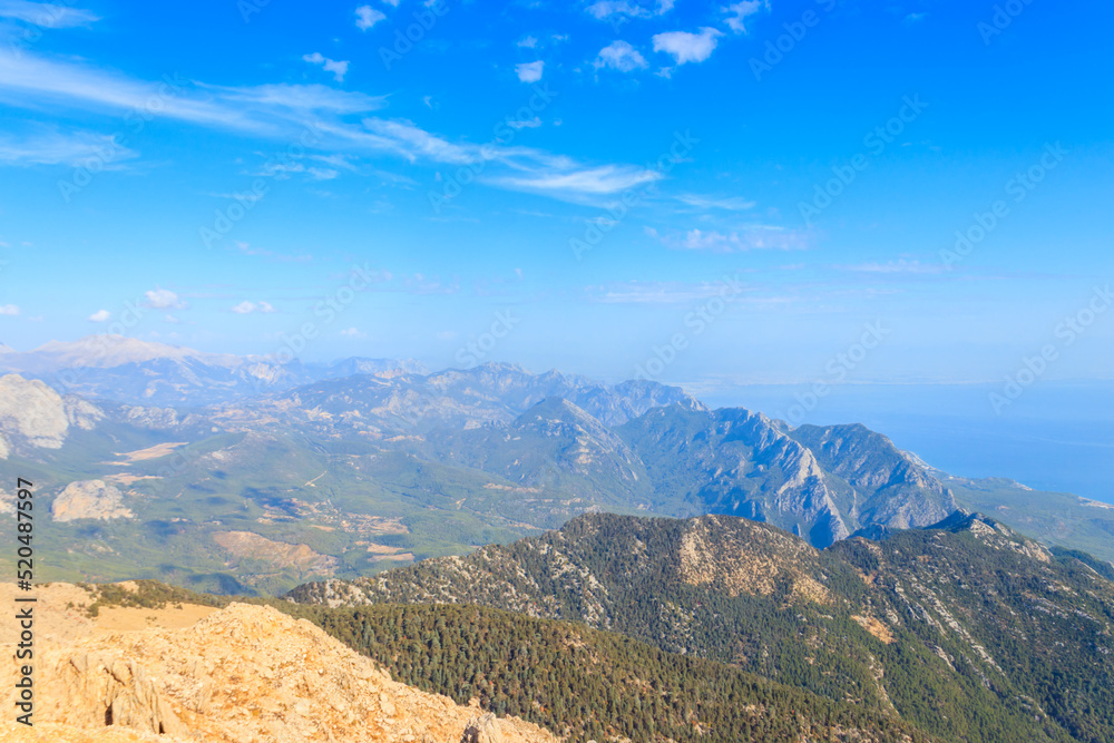 View of the Taurus mountains and the Mediterranean sea from a top of Tahtali mountain near Kemer, Antalya Province in Turkey