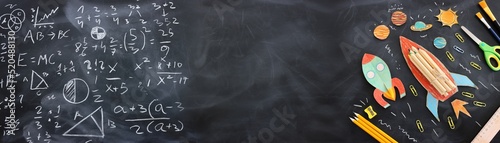 education. Back to school concept over blackboard background. top view, flat lay