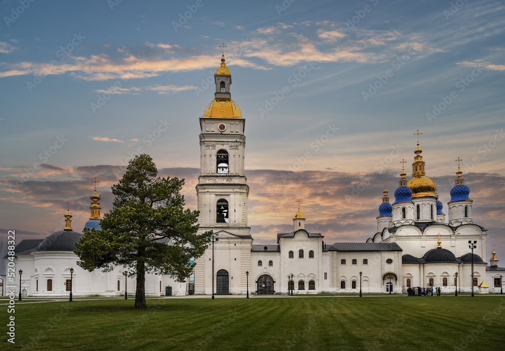 The complex of white-stone churches of the Tobolsk Kremlin, 17th century (Siberia, Russia) in the autumn evening.