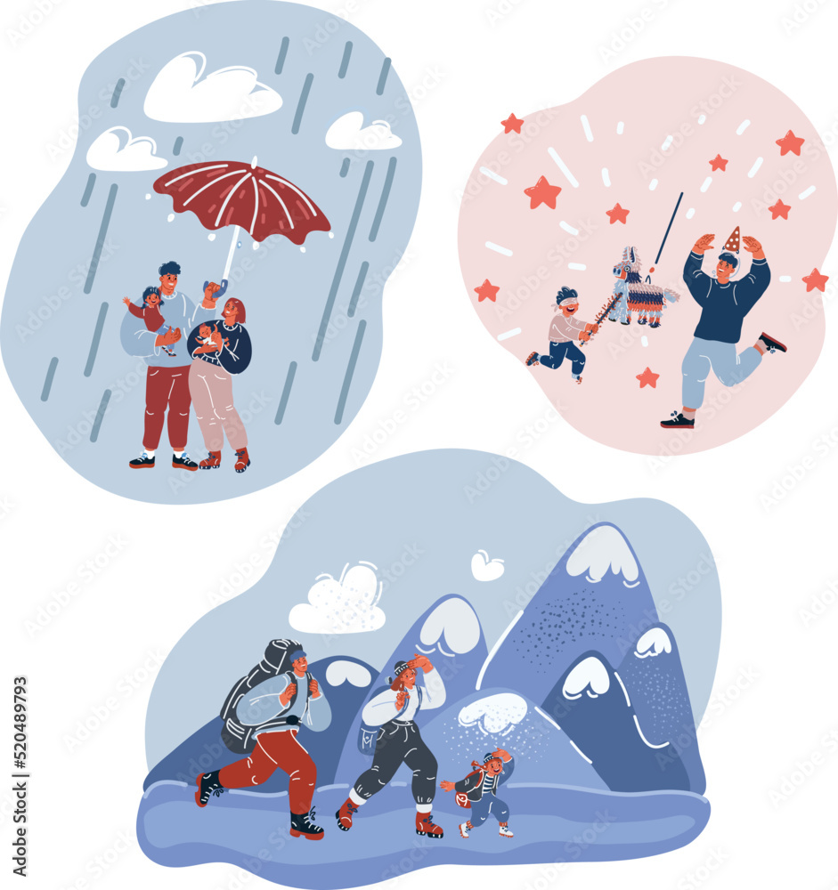 Naklejka premium Vector illustration of Scene with family having a good time. Family goes camping, the husband holds an umbrella, the father and son play pinata