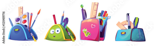 School stationery isolated set. Backpack and pencil case with studying supplies, paints and pen or color pencils, ruler and brush. Back to school concept with student appliances, Cartoon vector icons