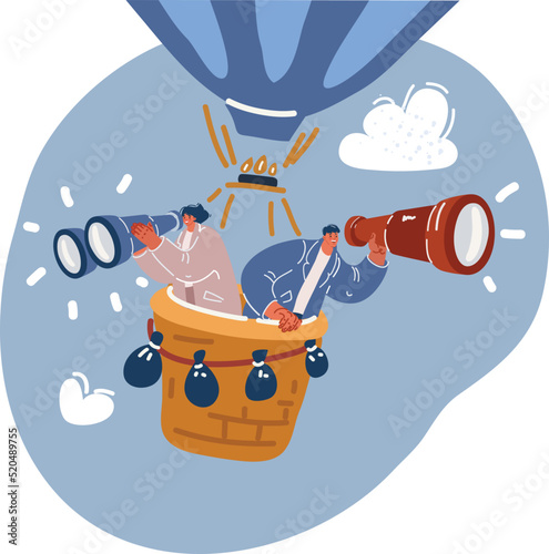 Vector illustration of People hiring. Happy smiling woman and man flying on aerostat and viewing something or somebody birds-eye. Searching for employee for business team