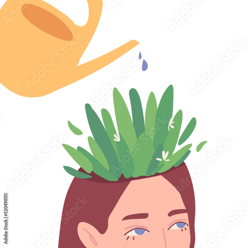 Someone is watering flowers growing on his head. A metaphor of well-being and individual growth. Vector illustration isolated on white