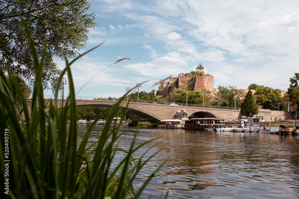 Obraz premium Burg Giebichenstein in Halle/Saale in Sachsen-Anhalt am Fluss Saale, im Vordergrund die Kröllwitzbrücke zwischen Kröllwitz und Giebichenstein, Ufer grün, die Saale im Sommer,