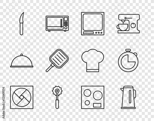 Set line Ventilation, Kettle with handle, Electronic scales, Pizza knife, Knife, Frying pan, Electric stove and Kitchen timer icon. Vector