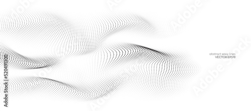 Flowing dots particles wave pattern black isolated on white background. Vector in concept of technology, science, music, modern.