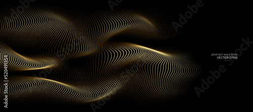 3D Vector wave lines pattern smooth curve flowing dynamic gold gradient light isolated on black background for concept of luxury, technology, digital, communication, science, music