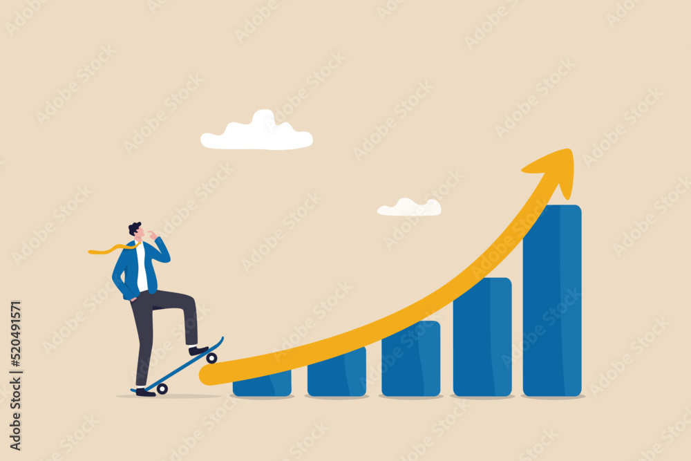 Growth for success, growing business to achieve goal, progress or improvement, career development or financial profit earning, businessman with skateboard prepare to run on growth rising graph.