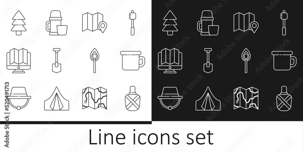Set line Canteen water bottle, Camping metal mug, Location of the forest on map, Shovel, monitor, Tree, Burning match with fire and Thermos container and cup icon. Vector