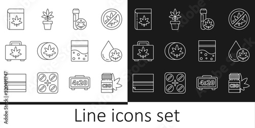 Set line Medical bottle with marijuana, Marijuana or cannabis olive oil, Chemical test tube, Herbal ecstasy tablets, Shopping box of, Book and, Plastic bag and plant icon. Vector