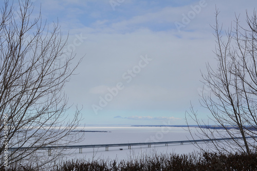 Winter landscape with view on bridge over frozen river and tree branches at the edges of photo.