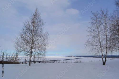 Winter landscape with bridge over the frozen river and birch trees in snowy field on the foreground © Happy Dragon