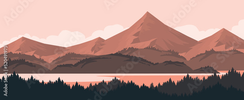 mountain and forest landscape vector illustration and the river in the forest.