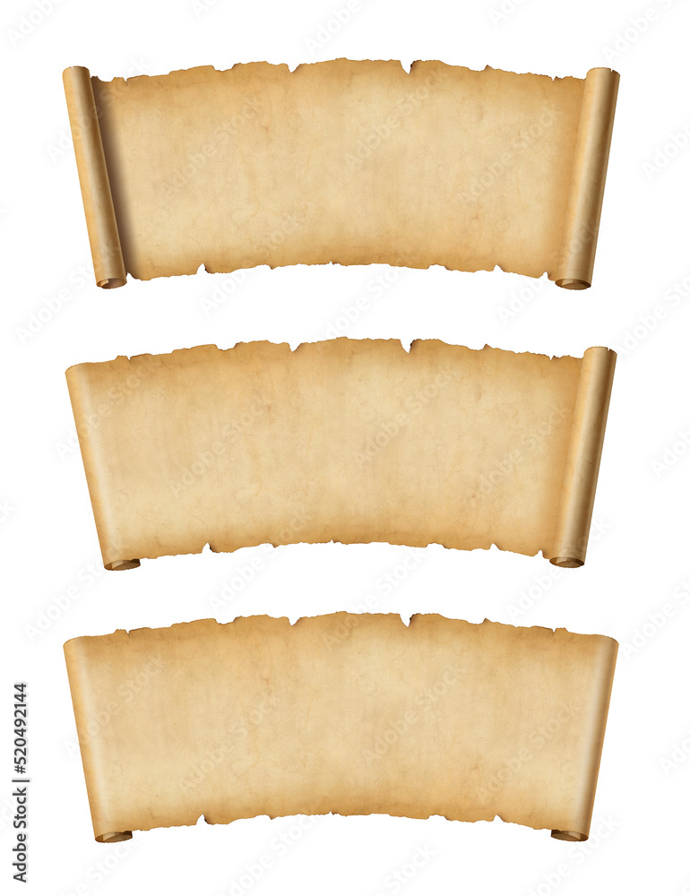 Old Parchment paper scroll set isolated on white. Horizontal banners