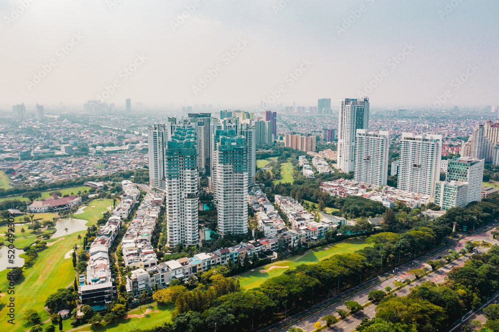 Naklejka premium Aerial view of apartment buildings at benyamin suaeb street. Kemayoran, Jakarta