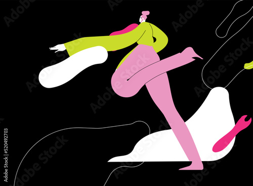 Freedom, inspiration and creative energy concept. Happy active enthusiastic young woman flies. Free energetic girl jumping up in flight. Flat vector illustration isolated on white background.