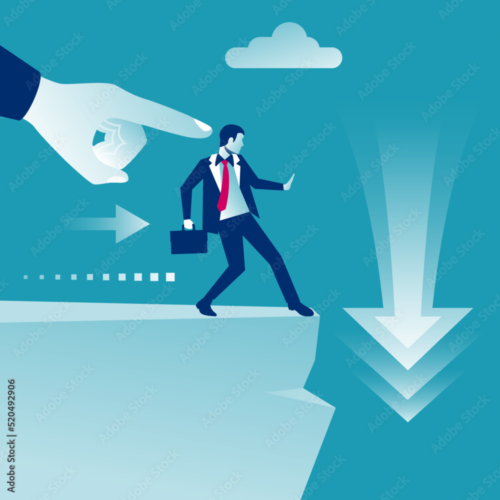 Big hand of leader pushes subordinate employee into abyss. Standing on cliff. Danger of falling into abyss. Business challenge concept. Vector illustration flat design. Isolated on background.