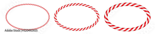 Christmas candy cane oval frame with red and white striped. Xmas border with striped candy lollipop pattern. Blank christmas and new year template. Vector illustration isolated on white background.
