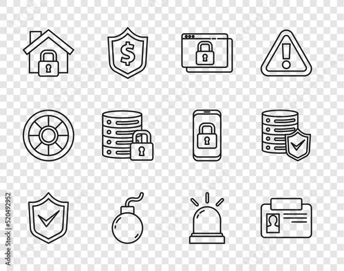 Set line Shield with check mark, Identification badge, Secure your site HTTPS, SSL, Bomb ready to explode, House under protection, Server security lock, Motion sensor and shield icon. Vector