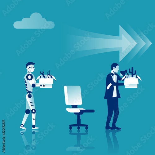 Artificial Intelligence robot replaces in the work of man. Turnover workers. Vector illustration flat design. Isolated on white background. Technologies replace people. Robotics industry.