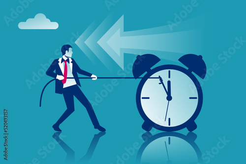 Stop time concept. Business metaphor. Vector illustration flat design. Isolated on white background. Businessman in suit push back hour hand. Deadline. Time management.