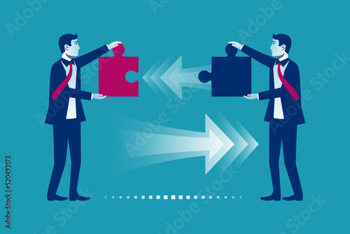Business teamwork concept. Two businessmen connecting puzzle elements. Vector illustration flat style design metaphor. Combining two pieces. Symbol of working together, cooperation, partnership.