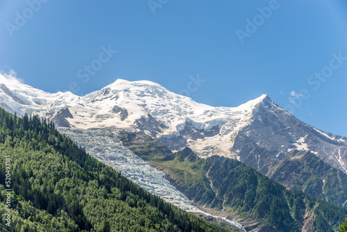 View at the massif of Mont Blanc mountains with Glacier from Chamonix town - France