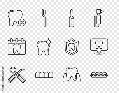 Set line Dental inspection mirror, Teeth with braces, Painkiller tablet, Dentures model, Tooth caries, whitening, and clinic location icon. Vector