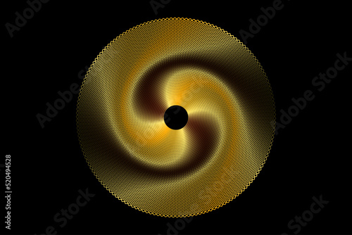 Abstract circles line wave expand pattern border frame by gold gradient isolated on black background. Golden yin yang symbol