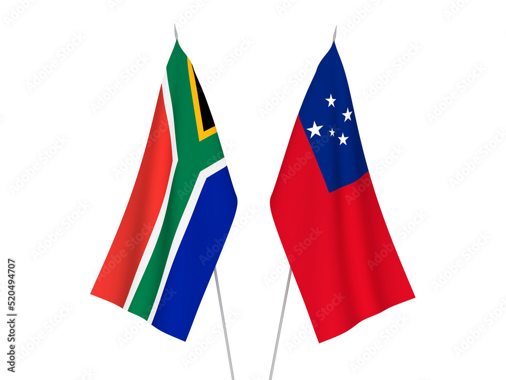 National fabric flags of Republic of South Africa and Independent State of Samoa isolated on white background. 3d rendering illustration.
