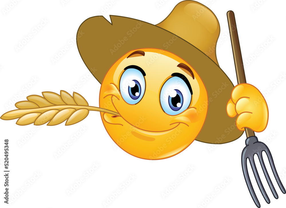 Happy farmer or rancher emoji emoticon chewing a barley straw and