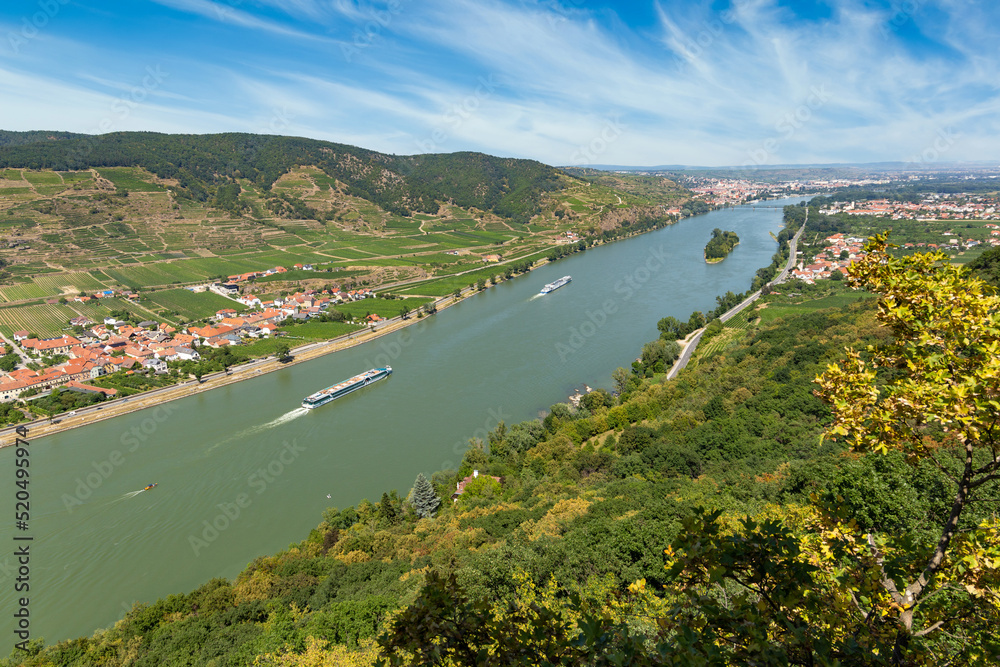 View of the Danube river in the Wachau and Krems town on the horizon. Lower Austria.